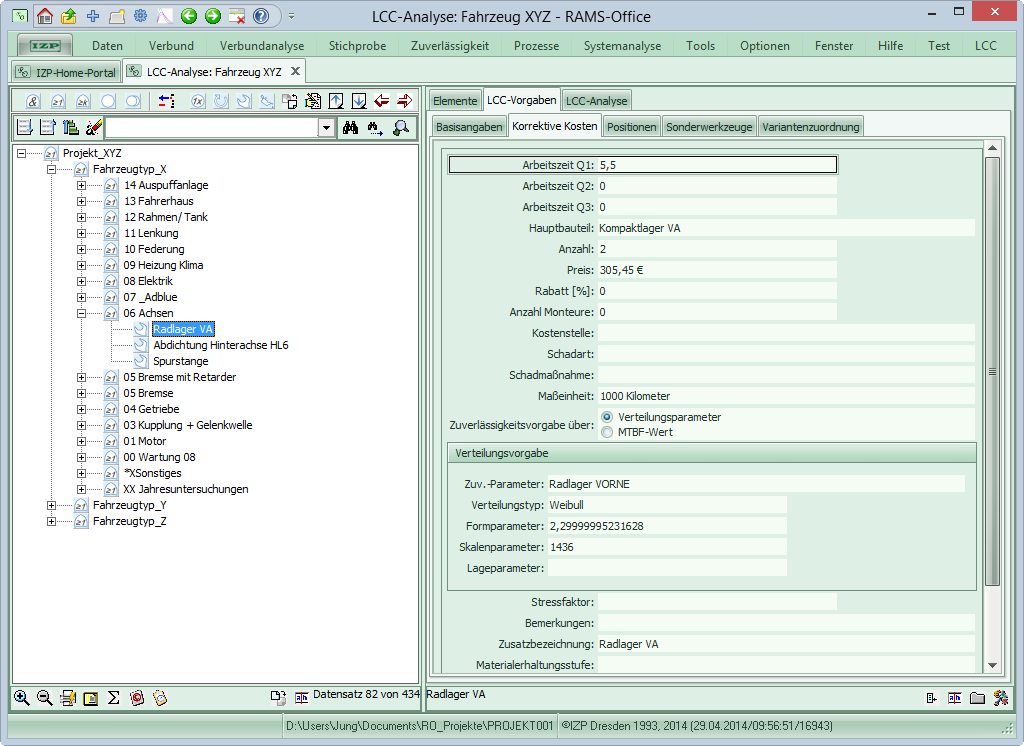 Lebenszykluskosten LCC-Software Zusatzmodul RAMS-Office Kalkulation LCC-Sheet LCC Sheet TCO Betriebskosten Instandhaltungskosten Struktur Beispiel 60300 Norm UNIFE BLESS UNILIFE