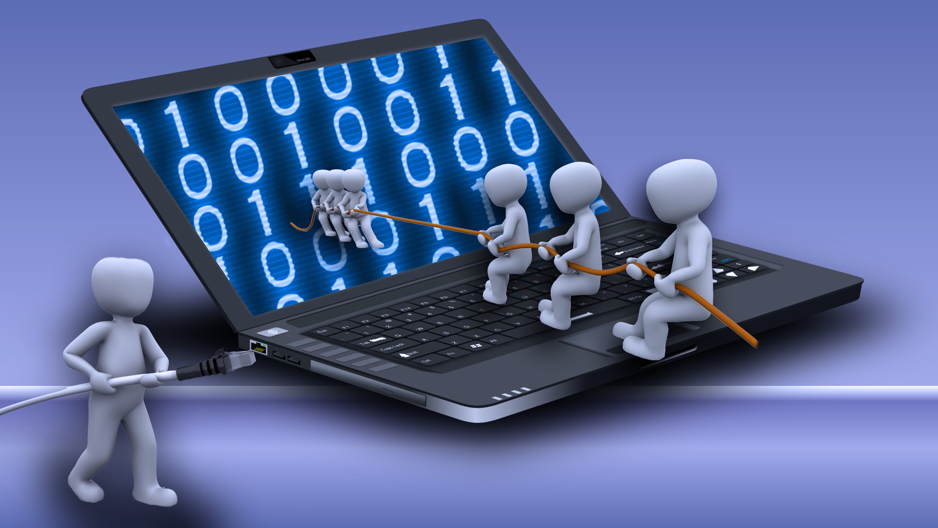 Symbolbild: Tauziehende Männchen auf einem Laptop platziert - das Bild steht für den Kampf zwischen digitalen Bedrohungsszenarien und dem Sicherheitsdesign von Maschinen