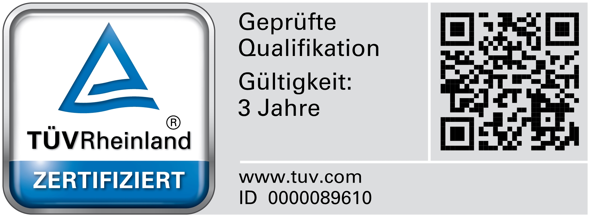 TR-Testmark_0000089610_DE_CMYK_with-QR-Code Zertifizierungslogo der Weiterbildung zum RAMS/LCC-Specialist TÜV-Rheinland mit QR-Code und Link zu Certipedia